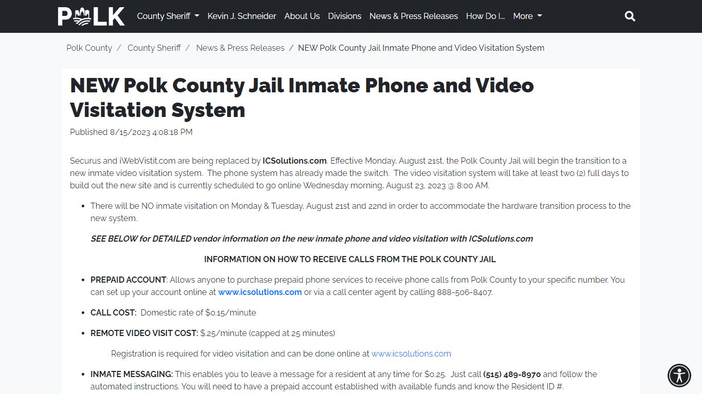 NEW Polk County Jail Inmate Phone and Video Visitation System